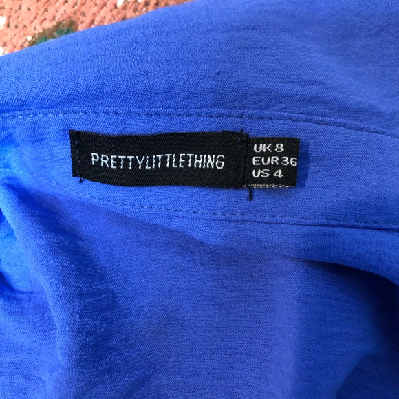 Pretty Little Thing Blue Textured Extreme Plunge Bell Cuff Shirt Dress - Picture 5 of 6